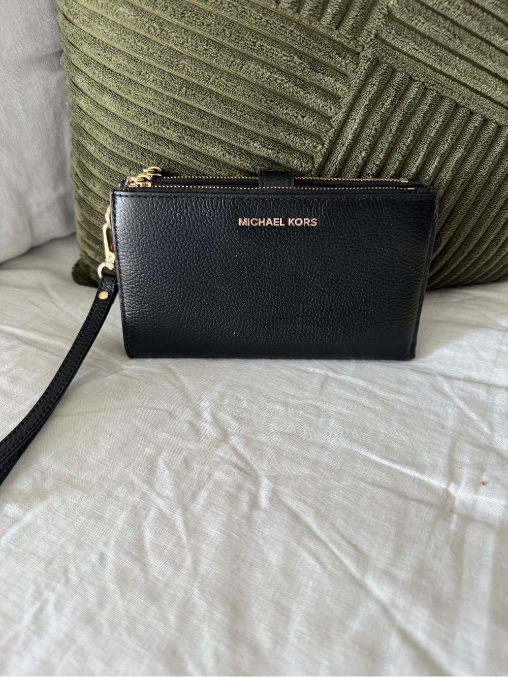 Michael Kors Black Pebbled Leather Wristlet with Gold Logo